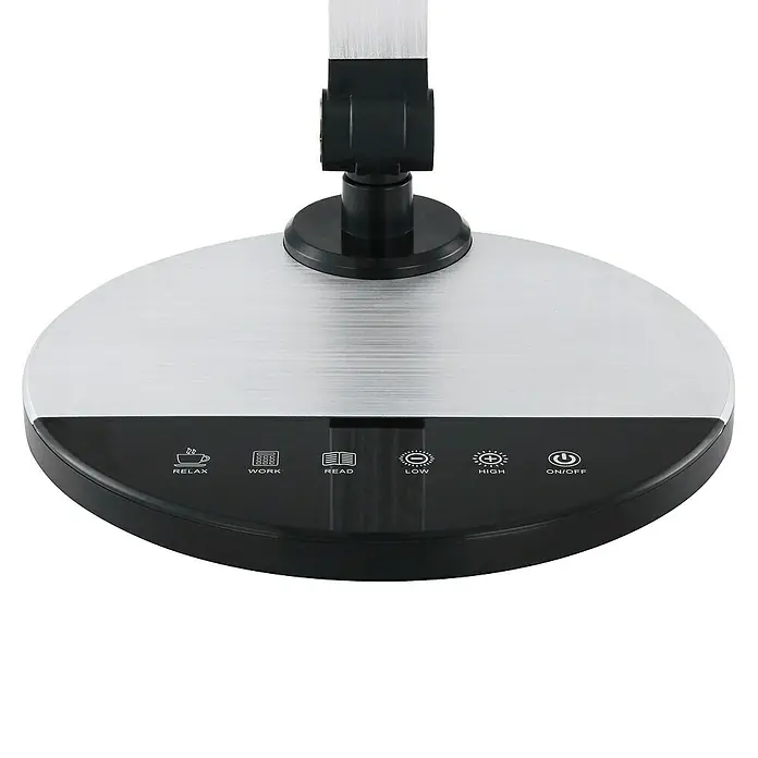 Globo LED-Tischleuchte KONSTI - 9 W, L x B x H: 50 x 19,2 x 90,5 cm, Schwarz, Mehrfarbig - Nahaufnahme einer Schreibtischlampe mit verschiedenen Modi: Entspannen, Arbeiten, Lesen, niedrig, hoch und Ein/Aus.