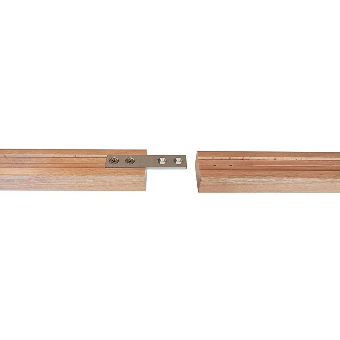 Treba Frewa Verbindungslasche CubeRail B117 - Edelstahl V2A, Passend für: CubeRail Handläufe Massivholz - Das Bild zeigt eine Holzverbindung mit einer Metallschiene. Diese Montage ermöglicht eine stabile Verbindung zwischen zwei Holzteilen.