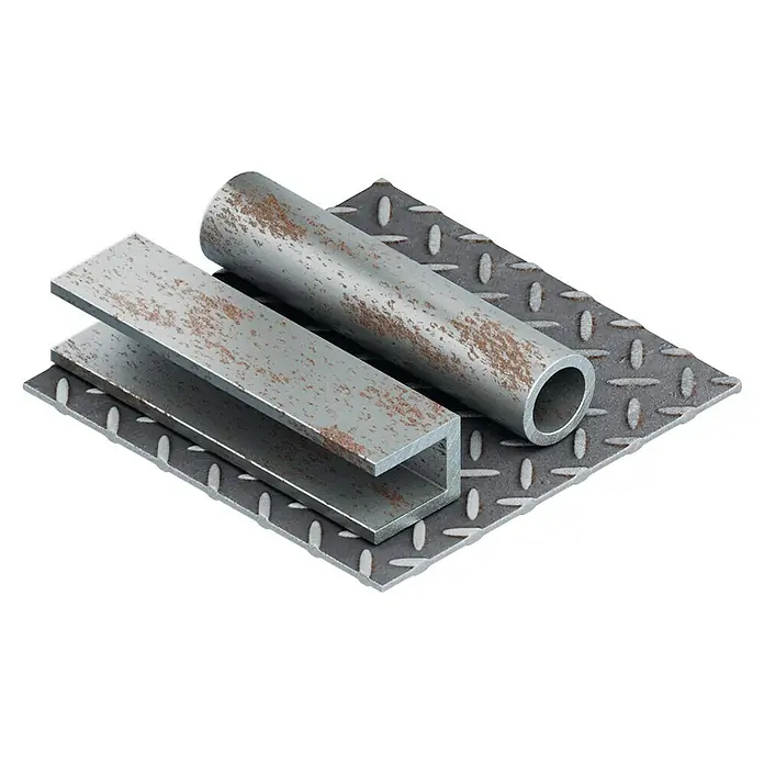 Bosch Fächerscheibe X431 - Durchmesser Scheibe: 115 mm, Körnung: 40, 1 Stk. - Das Bild zeigt ein Rohr, ein U-Profil und eine Riffelblechplatte aus Metall, die alle Rost aufweisen und einen industriellen Charme versprühen.