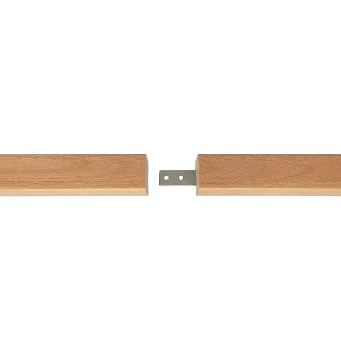 Treba Frewa Verbindungslasche CubeRail B117 - Edelstahl V2A, Passend für: CubeRail Handläufe Massivholz - Nahaufnahme von zwei Holzstücken, die mit einer Metallschiene verbunden sind, ideal für Möbelbau und DIY-Projekte.