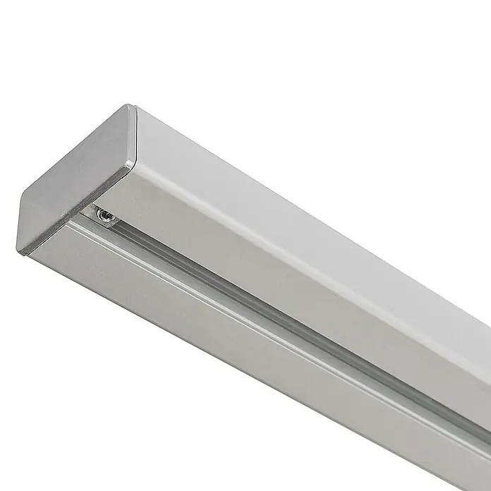 Treba Frewa Endkappe CubeRail B116 - Aluminium, Edelstahloptik, Passend für: CubeRail Handlauf Alu-Profil - Nahaufnahme einer silbernen Stromschienenleuchte mit Schraubenbefestigung, ideal für moderne Beleuchtungskonzepte und flexible Raumgestaltung.
