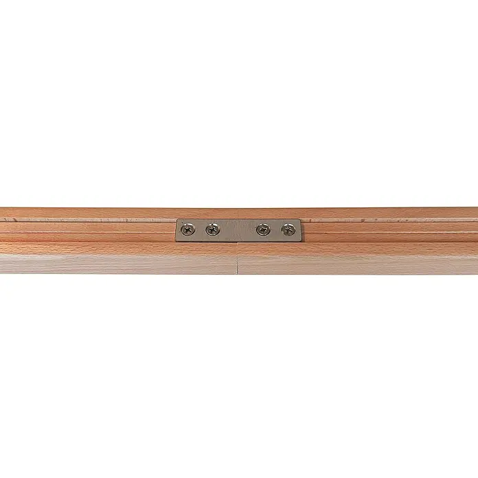 Treba Frewa Verbindungslasche CubeRail B117 - Edelstahl V2A, Passend für: CubeRail Handläufe Massivholz - Nahaufnahme einer Holzstruktur mit einer Metallplatte und Schrauben, die Stabilität und Verbindung demonstrieren.