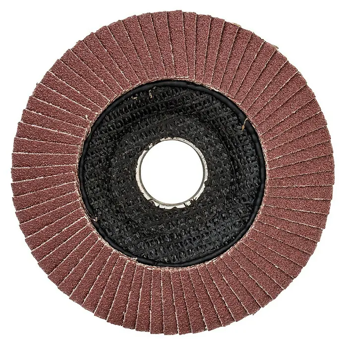 Bosch Fächerscheibe X431 - Durchmesser Scheibe: 115 mm, Körnung: 80, 1 Stk. - Nahaufnahme einer Schleifscheibe mit braunen Schleiflamellen und einer schwarzen Trägerplatte. Ideal für Schleifarbeiten.