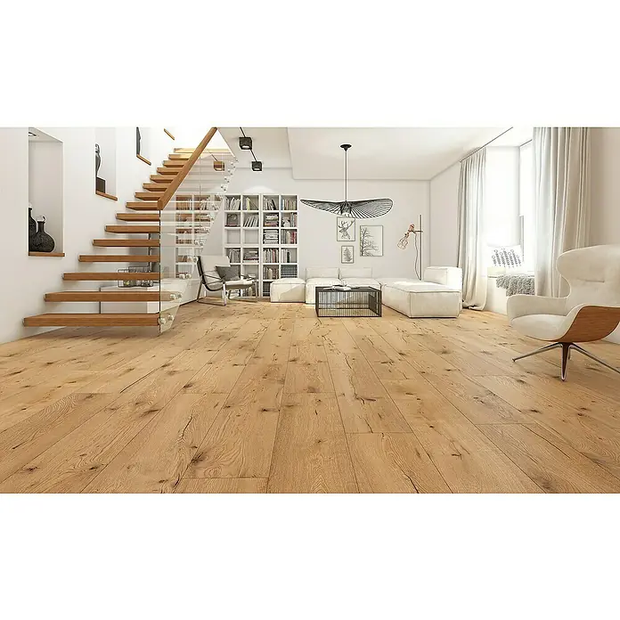 Classen Designbodenmuster Pro Nature Sumatra - 310 x 203 x 4 mm, Landhausdiele - Helle Holzböden erhellen diesen modernen Wohnraum mit Treppe, Bücherregal und minimalistischen Möbeln.