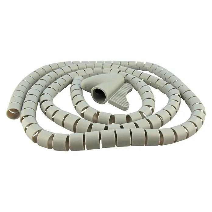 Schwaiger Kabelorganisierer KBSL28 041 - Grau, 1,5 m - Ein beigefarbenes Spiralkabelwickel-Kit mit Werkzeug, ideal für die Kabelorganisation und zum Schutz vor Beschädigungen.