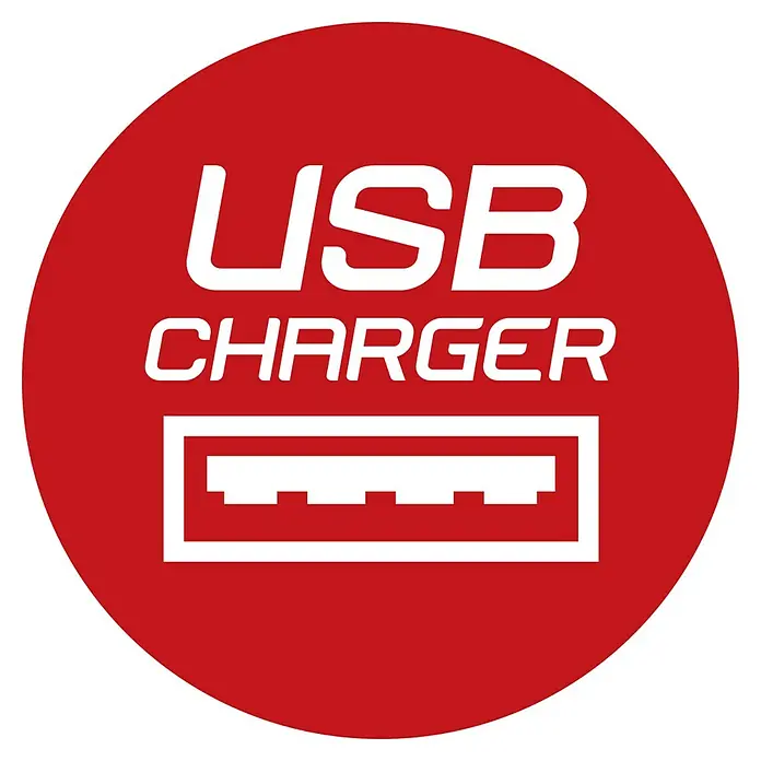 Brennenstuhl Steckdosenleiste mit Power-Delivery - Kabellänge: 1,5 m, Mit Schalter - USB-Ladegerät-Symbol auf rotem Hintergrund. Das Bild zeigt ein weißes USB-Symbol mit dem Schriftzug "USB Charger" in einem roten Kreis.