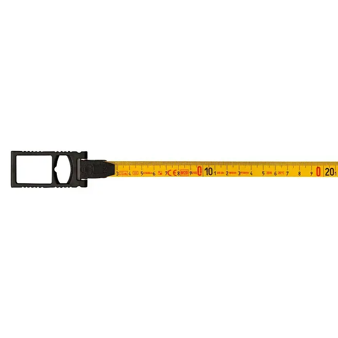 Stabila Rahmenmaßband LBM 1000 Fibreglass - 30 m - Nahaufnahme eines gelben Rollbandmaßes, das eine genaue Messung mit klaren Markierungen für präzise Projekte bietet.