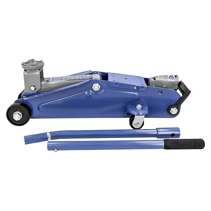 Cartrend Hydraulischer Rangierwagenheber - Belastbarkeit: 2.000 kg - Abgebildeter blauer Wagenheber mit passendem Griff. Ideal zum Heben von Fahrzeugen für Reparaturen.