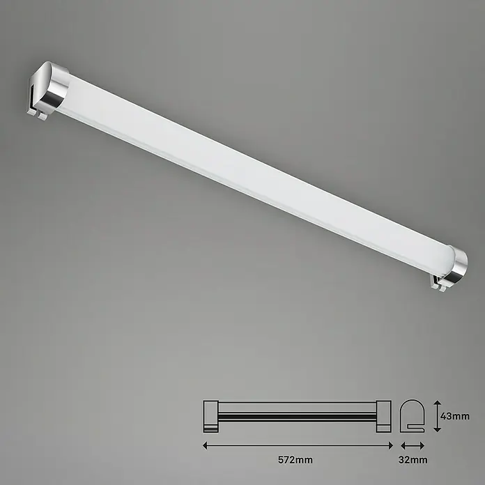 Briloner LED-Spiegelleuchte - L x B x H: 57,2 x 3,2 x 4,3 cm - Eine elegante, längliche LED-Wandleuchte mit Chromdetails und Maßangaben für eine detaillierte Produktansicht.