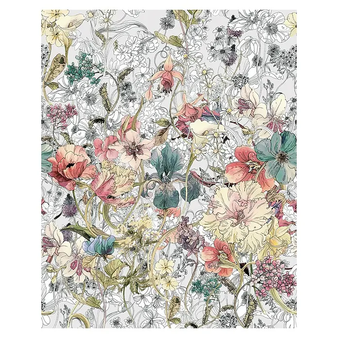 Komar Infinity 2 Fototapete Magic MeadowB x H: 200 x 250 cm, Vlies - Buntes Blumenmuster mit zarten Linien und lebendigen Farben. Ideal für Stoffe, Tapeten und kreative Projekte.
