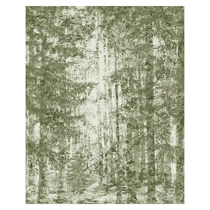 Komar Infinity 2 Fototapete Fading Forest - B x H: 200 x 250 cm, Vlies - Waldimpression in Grün: Ein Gemälde fängt die mystische Atmosphäre eines dichten Waldes mit seinen hohen Bäumen und dem diffusen Licht ein.