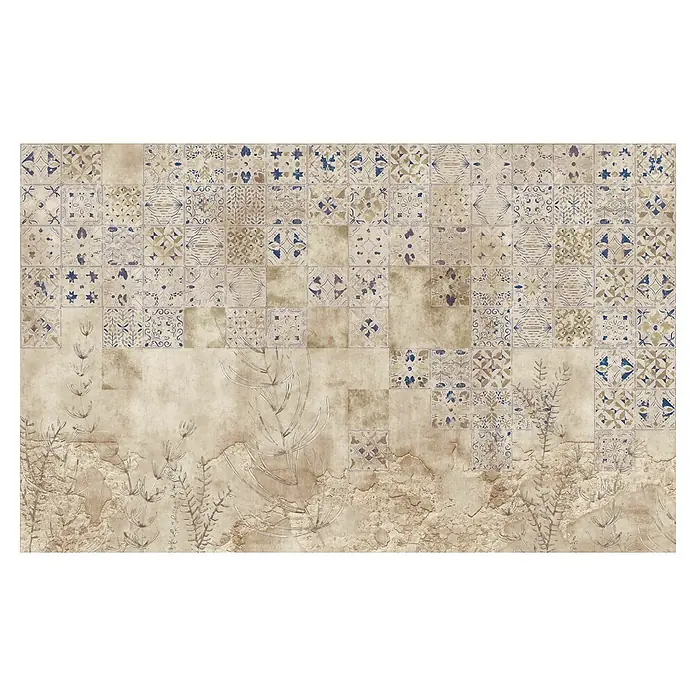 Komar Infinity 2 Fototapete Murmurous Marrakesh - B x H: 400 x 250 cm, Vlies - Ein detailreiches Tapetenmuster mit Vintage-Fliesendesign und floralen Elementen in sanften Beige- und Blautönen für eine warme Atmosphäre.