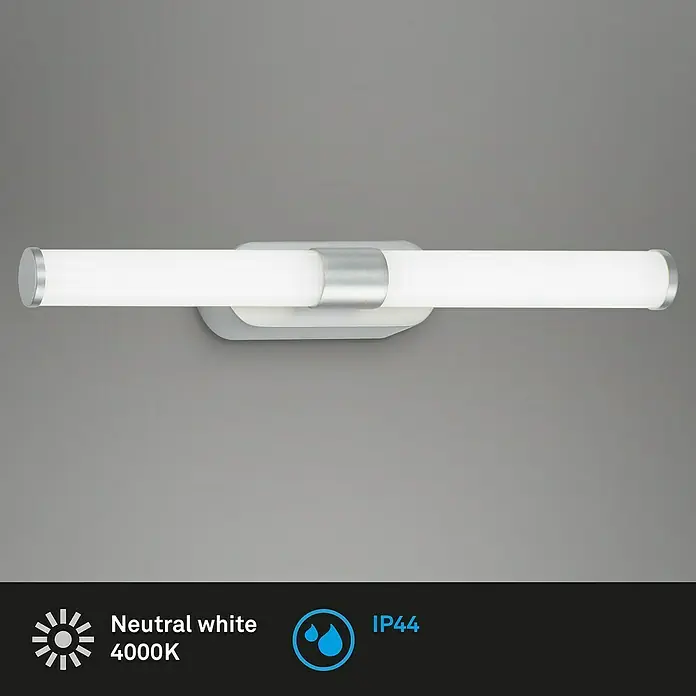 Briloner LED-Spiegelleuchte RUNT - 7 W, L x B x H: 40 x 4,5 x 6,5 cm, Chrom-matt, Neutralweiß - Moderne Badezimmerleuchte mit neutralweißem Licht und IP44-Schutz für Feuchträume. Elegantes Design in Silber und Weiß.