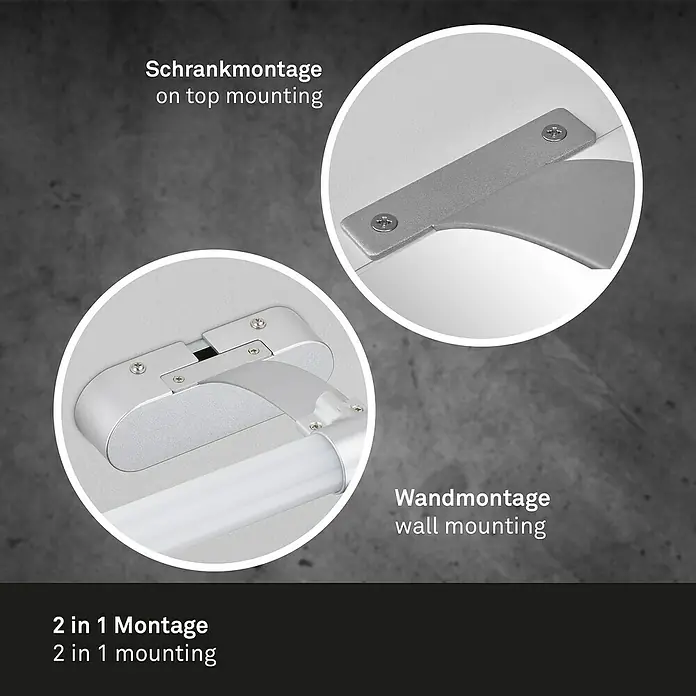 Briloner LED-Spiegelleuchte RUNT - 6 W, L x B x H: 40 x 10 x 16,5 cm, Chrom-matt, Neutralweiß - Eine vielseitige LED-Leuchte mit zwei Montageoptionen: Schrankmontage oben und Wandmontage für flexible Einsatzmöglichkeiten.