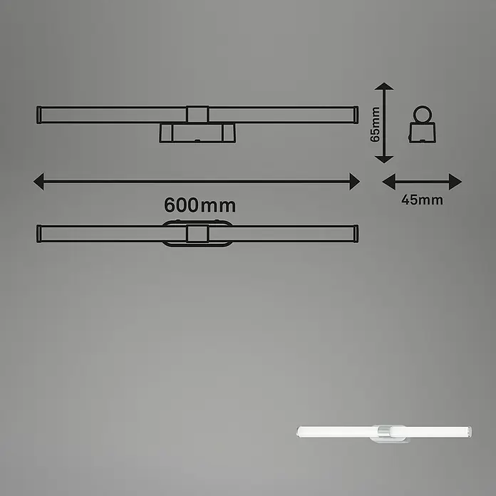 Briloner LED-Spiegelleuchte RUNT - 9 W, L x B x H: 60 x 4,5 x 6,5 cm, Chrom-matt, Neutralweiß - Produktzeichnung einer LED-Badezimmerleuchte mit Maßangaben (600mm Länge, 65mm Höhe, 45mm Tiefe) für eine detaillierte Produktansicht.
