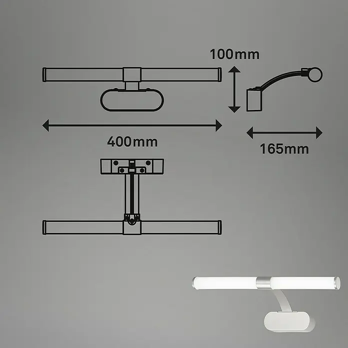 Briloner LED-Spiegelleuchte RUNT - 6 W, L x B x H: 40 x 10 x 16,5 cm, Chrom-matt, Neutralweiß - Abbildung der Badezimmerleuchte mit Maßen. Die Leuchte ist in verschiedenen Ansichten dargestellt, um die Abmessungen zu verdeutlichen.