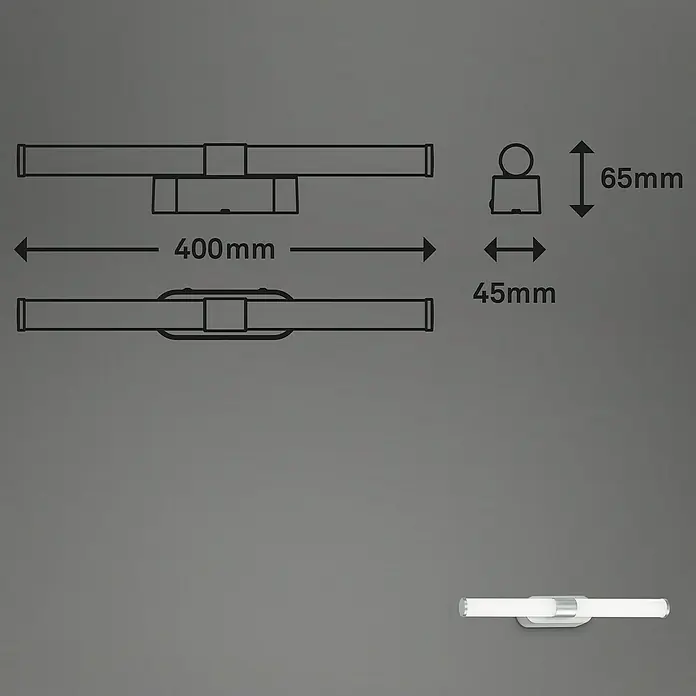 Briloner LED-Spiegelleuchte RUNT - 7 W, L x B x H: 40 x 4,5 x 6,5 cm, Chrom-matt, Neutralweiß - Abmessungsskizze einer modernen LED-Badezimmerleuchte mit den Maßen 400mm Breite und 65mm Höhe für eine optimale Ausleuchtung.