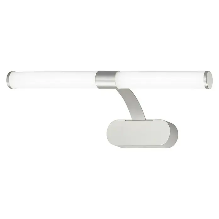 Briloner LED-Spiegelleuchte RUNT - 6 W, L x B x H: 40 x 10 x 16,5 cm, Chrom-matt, Neutralweiß - Nahaufnahme einer modernen, silbernen LED-Badezimmerleuchte mit einem langen, weißen Leuchtstab und einer gebogenen Halterung.