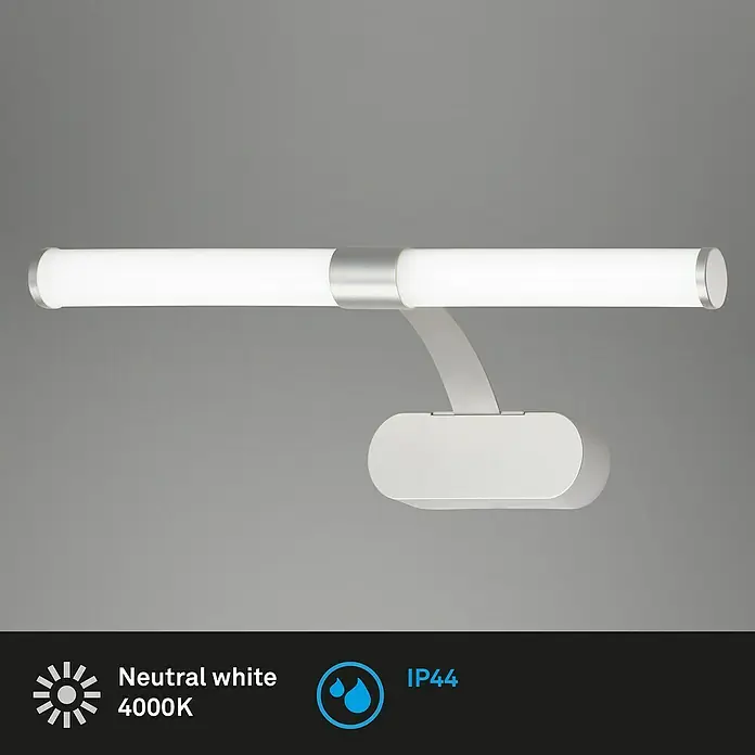 Briloner LED-Spiegelleuchte RUNT - 6 W, L x B x H: 40 x 10 x 16,5 cm, Chrom-matt, Neutralweiß - Abbildung einer modernen, silberfarbenen LED-Badezimmerleuchte mit neutralweißem Licht (4000K) und IP44-Schutz.