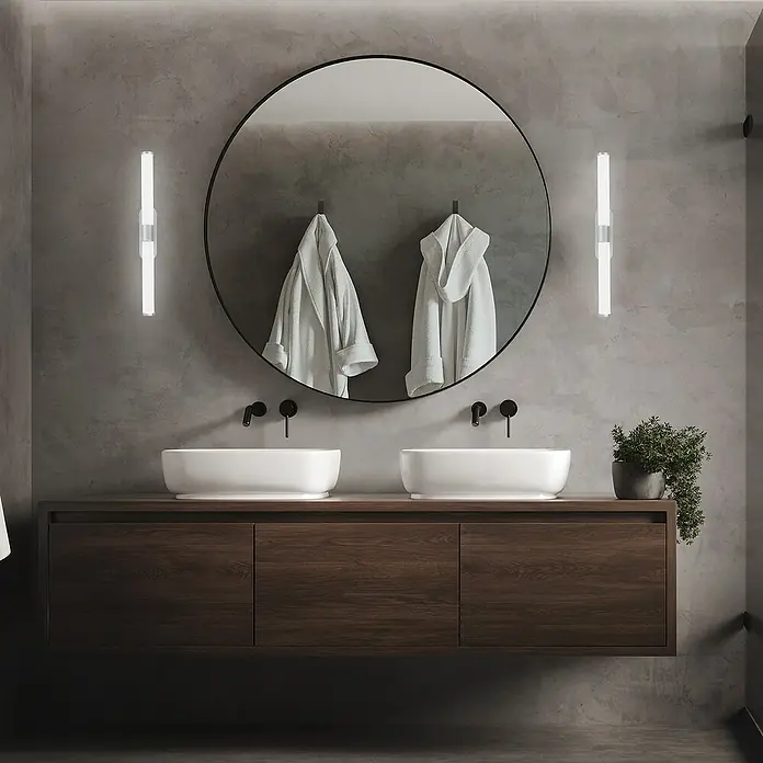 Briloner LED-Spiegelleuchte RUNT - 7 W, L x B x H: 40 x 4,5 x 6,5 cm, Chrom-matt, Neutralweiß - Modernes Badezimmer-Interieur mit runden Spiegeln, Waschtischen und Holzschrank. Die Badezimmerbeleuchtung erhellt den Raum und die Waschbecken.
