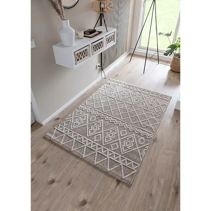 Zeller Present Aufbewahrungsbox Boho S - L x B x H: 300 x 200 x 160 mm, Holz, Natur - Der stilvolle Teppich mit geometrischem Muster in Beige und Weiß verleiht dem Raum eine elegante Note und sorgt für eine warme Atmosphäre.