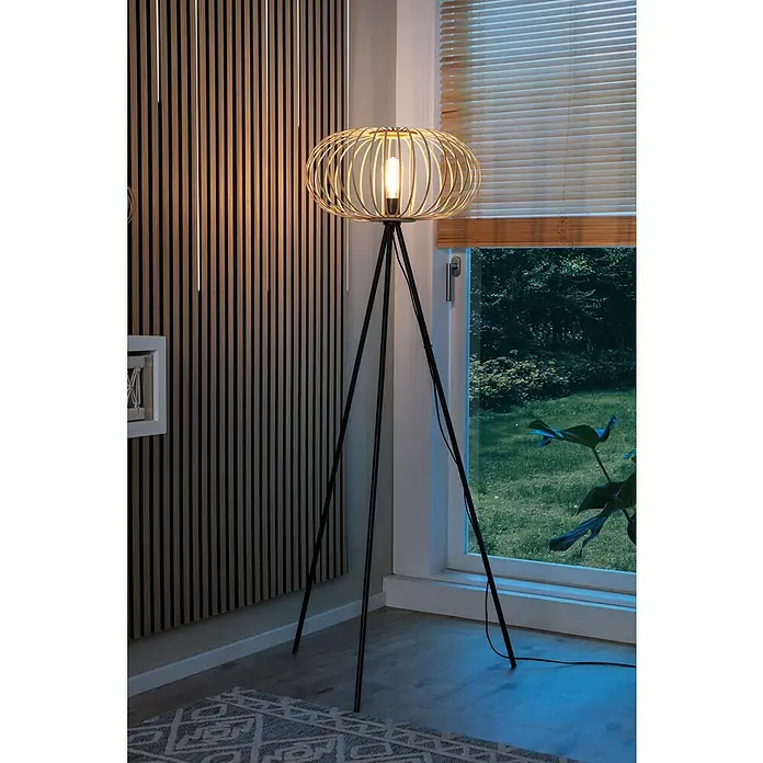 Just Light Racoon Stehleuchte - 40 W, Höhe: 150 cm, Schwarz, natur, E27 - Elegante Stehlampe mit goldenem Käfigschirm und schwarzem Stativfuß, die eine warme Atmosphäre in jedem Raum schafft.