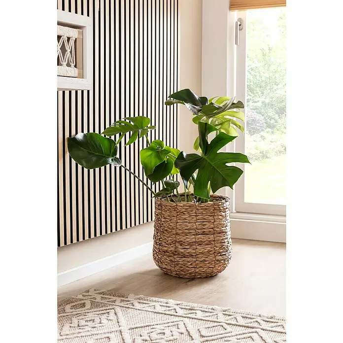 Mica Decorations Übertopf rund Avalon - Außenmaß (Ø x H): 18 x 21 cm, Hellbraun - Zimmerpflanze Monstera deliciosa in einem gewebten Übertopf auf einem gemusterten Teppich vor einer Akzentwand.