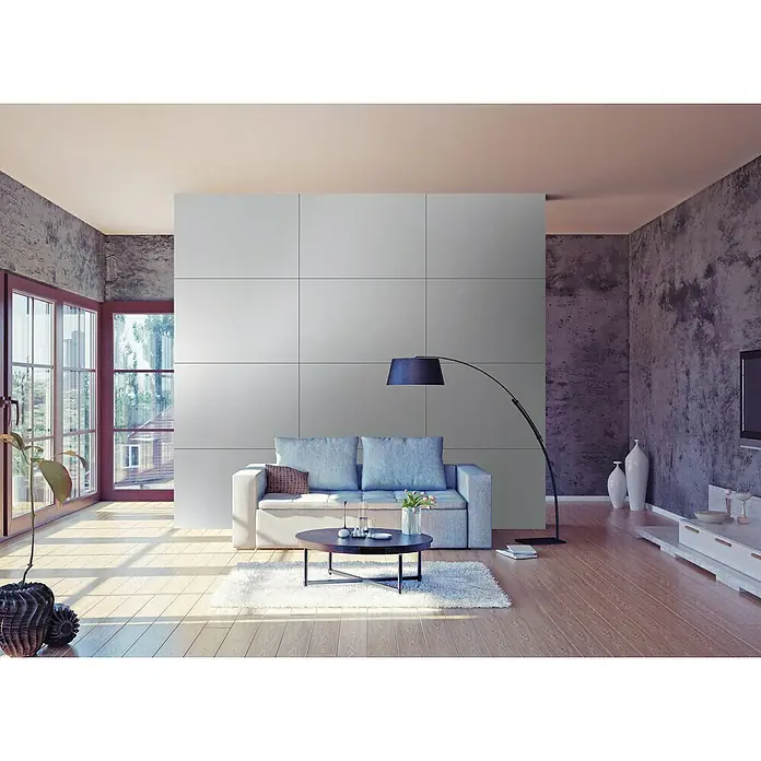 Panel de aluminio y composite Champagne - 120 cm x 80 cm x 3 mm, Composite, Champán - Elegante sala de estar con sofá moderno, mesa de centro minimalista e iluminación con estilo para mayor comodidad.