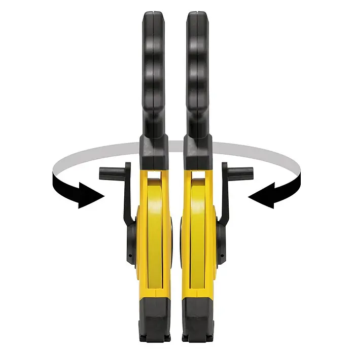 Stabila Rahmenmaßband 50 m - 50 m, Genauigkeitsklasse: II, Material: Stahlband - Zwei gelbe Rollbandmaße mit schwarzem Griff, die mit Pfeilen versehen sind, um die Drehbewegung der Kurbel hervorzuheben.