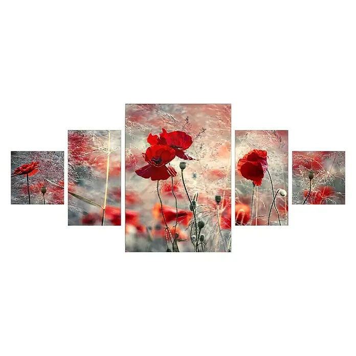 ProArt Young Living Leinwandbild 5-Teiler - Mohn, B x H: 150 x 70 cm, 5 -tlg. - Eine fünfteilige Leinwandkunst mit roten Mohnblumen in einem verträumten Feld, ideal für die Wanddekoration im Wohnbereich.