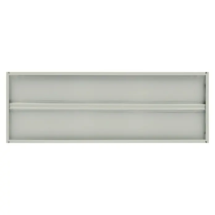 Regalux Fachboden - L x B: 35 x 100 cm, Pulverbeschichtet - Nahaufnahme einer grauen Metall-Kassettendeckenleuchte, ideal für Büros oder gewerbliche Räume. Bietet eine moderne und funktionale Beleuchtungslösung.