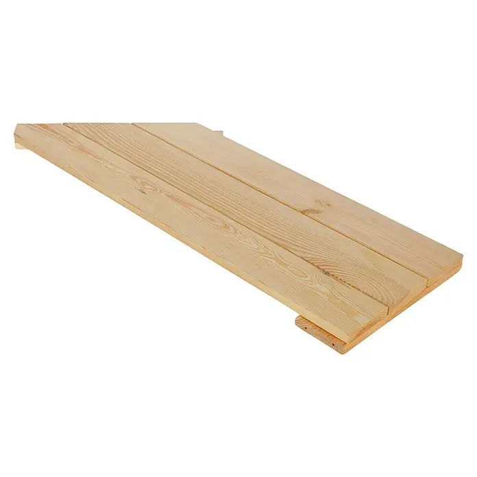 Regalux Regalsystem Heavy Eckboden - B x T: 82,2 x 28,2 cm, Holz - Ein Stapel unbehandelter Kiefernholzbretter, ideal für DIY-Projekte, mit deutlicher Maserung auf schwarzem Hintergrund.