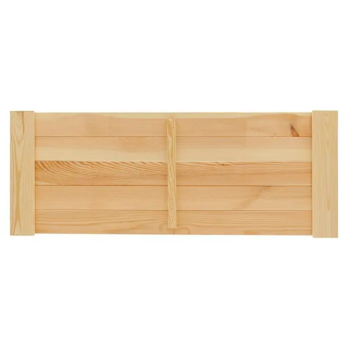 Regalux Regalsystem Heavy Regalboden - L x B: 120 x 46,8 cm, Holz - Nahaufnahme einer hellen Holzplatte mit horizontalen Brettern, verstärkt durch vertikale Stützen. Die Maserung des Holzes ist gut sichtbar.