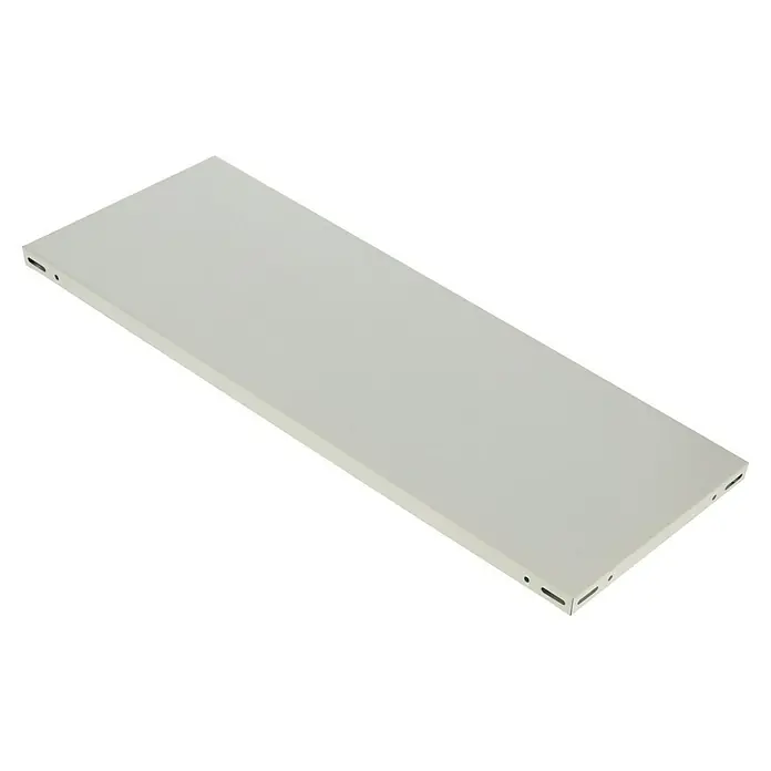 Regalux Fachboden - L x B: 35 x 100 cm, Pulverbeschichtet - Nahaufnahme eines weißen, rechteckigen Regalbords mit dezenten Details an den Kanten, ideal für moderne Inneneinrichtungen.