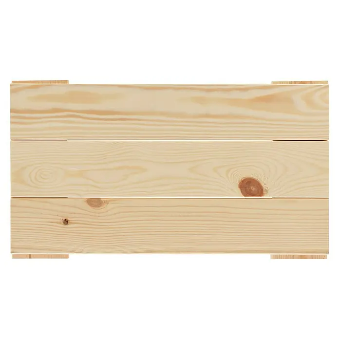 Regalux Regalsystem Heavy Regalboden - L x B: 50 x 28,2 cm, Holz - Nahaufnahme einer hellen Holzkiste mit sichtbarer Maserung und dezenten Astlöchern, die die natürliche Beschaffenheit des Holzes hervorhebt.