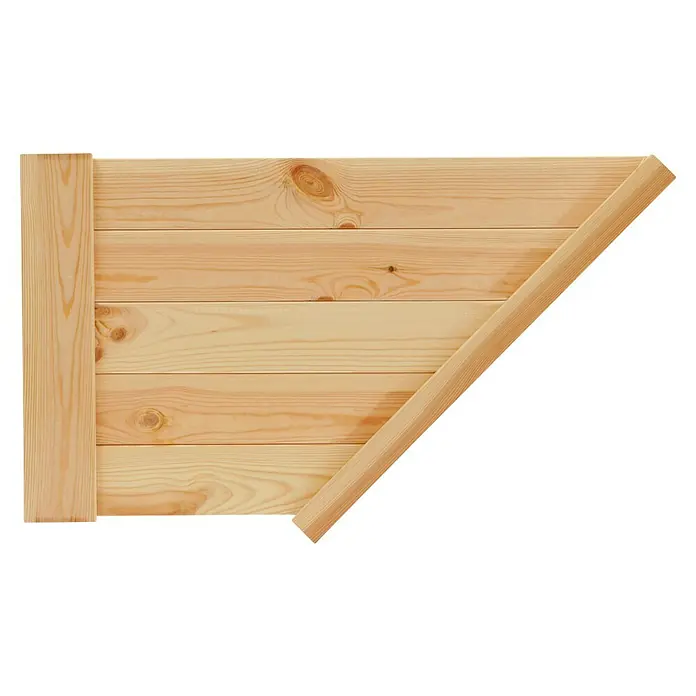 Regalux Regalsystem Heavy Eckboden - B x T: 46,2 x 82,5 cm, Holz - Das Bild zeigt ein Holztor mit horizontalen Brettern und einem diagonalen Verstrebungselement, ideal für rustikale Gartengestaltungen.