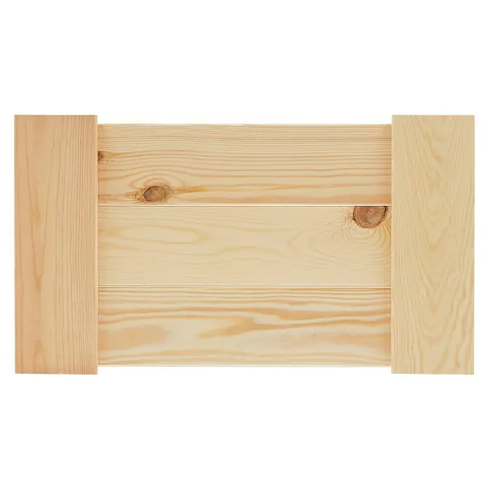 Regalux Regalsystem Heavy Regalboden - L x B: 50 x 28,2 cm, Holz - Eine Nahaufnahme einer hellen, hölzernen Schiebetür mit drei horizontalen Brettern und zwei vertikalen Stützen. Die Holzmaserung ist deutlich sichtbar.