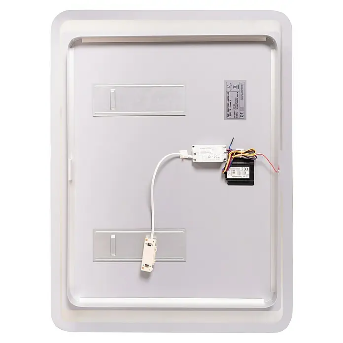 Camargue Lichtspiegel Juwa 3 - 80 x 60 cm - Nahaufnahme der Rückseite eines LED-beleuchteten Spiegels mit Elektronikkomponenten.