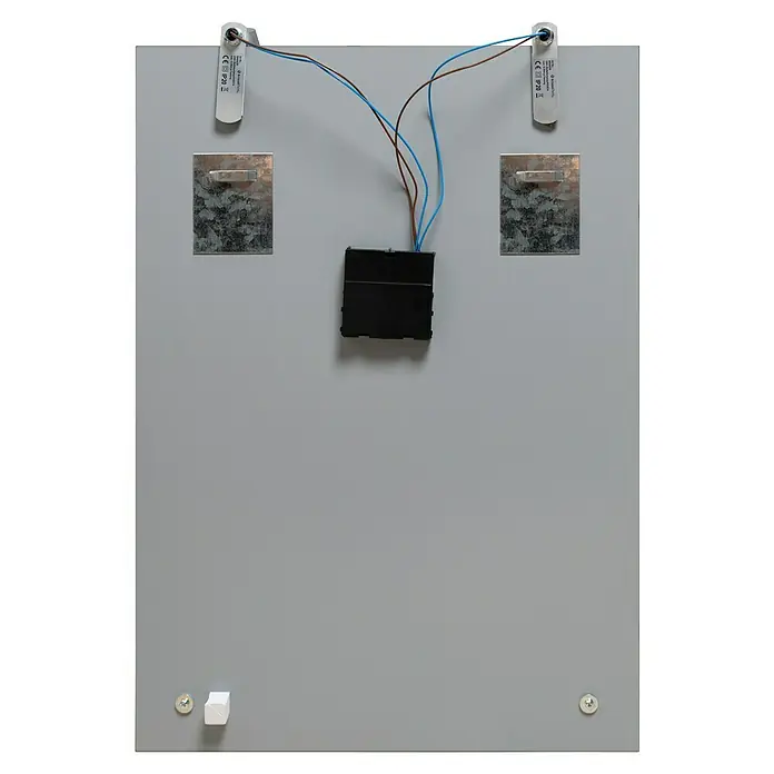 Kristall-Form Lichtspiegel Pierre - 50 x 70 cm, Grau, Ablage - Nahaufnahme einer grauen Rückwand mit elektronischen Bauteilen und Verkabelung, die die Installation oder Wartung eines Geräts zeigt.