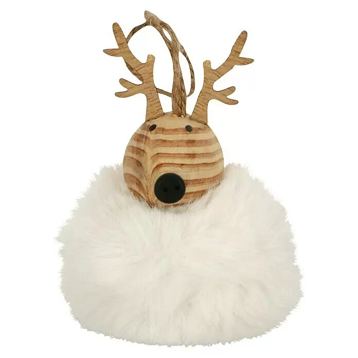 Christbaumschmuck Ponpon Hirsch - Weiß, Holz, 7 m x 7 cm x 17 cm - Hölzerner Rentier-Anhänger mit weißem Fellkörper, Geweih, schwarzen Augen und Knopf-Nase, mit Aufhängeschlaufe.