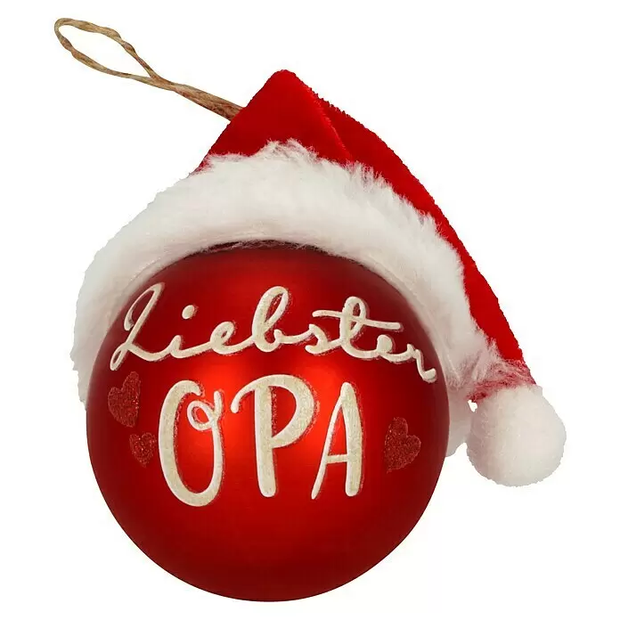 Weihnachtskugeln Mit Weihnachtsmütze - Rot, Glas, Durchmesser: 6 cm, 1 Stk. - Rote Weihnachtskugel mit „Liebster OPA“-Aufschrift, Glitzerherzen und Mini-Nikolausmütze.