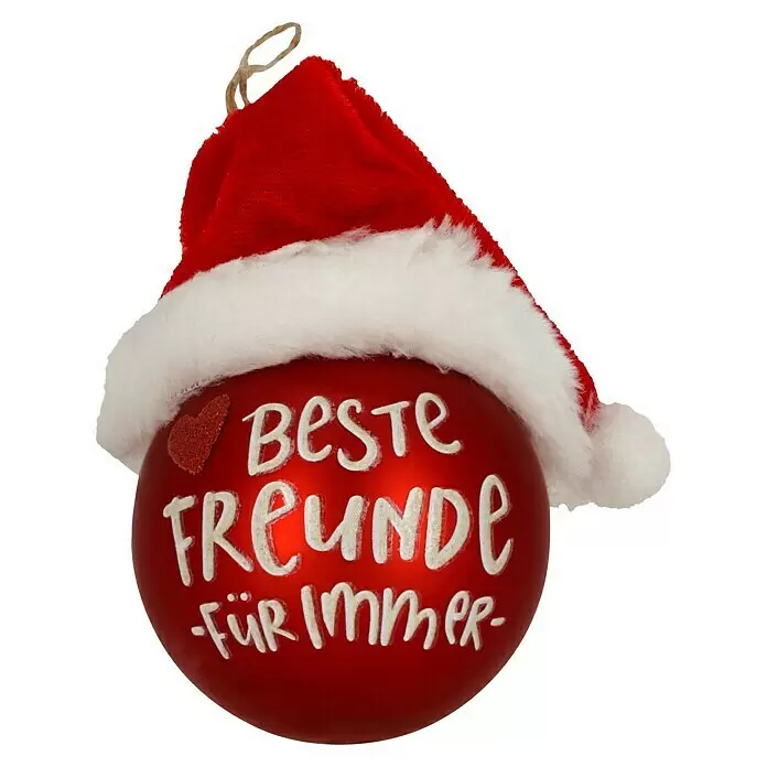 Weihnachtskugeln Mit Weihnachtsmütze - Rot, Glas, Durchmesser: 6 cm, 1 Stk. - Rote Weihnachtskugel mit Weihnachtsmütze, Text "BESTE FREUNDE FÜR IMMER" und Glitzerherz.