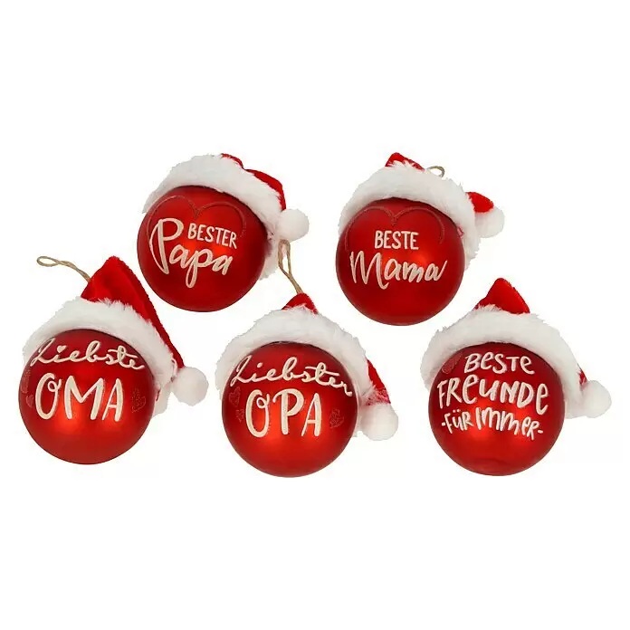 Weihnachtskugeln Mit Weihnachtsmütze - Rot, Glas, Durchmesser: 6 cm, 1 Stk. - Fünf rote Weihnachtskugeln mit Weihnachtsmützen und deutschen Inschriften wie "Bester Papa", "Beste Mama", "Liebste OMA", "Liebster OPA", "Beste Freunde für immer".