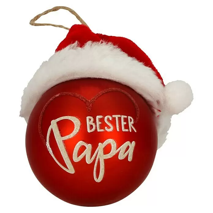 Weihnachtskugeln Mit Weihnachtsmütze - Rot, Glas, Durchmesser: 6 cm, 1 Stk. - Rote Weihnachtskugel mit Weihnachtsmannmütze und "BESTER Papa" Schriftzug.