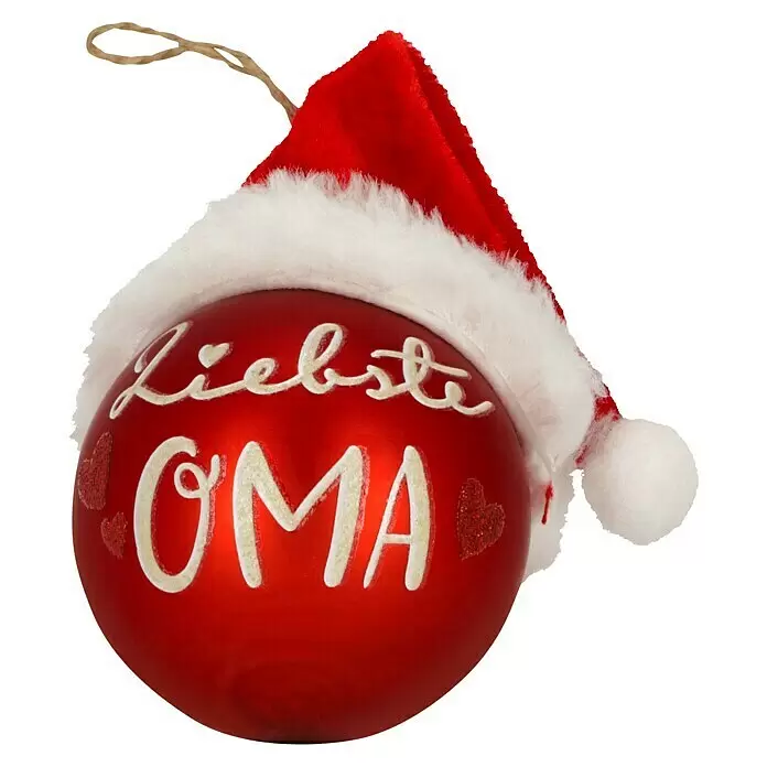 Weihnachtskugeln Mit Weihnachtsmütze - Rot, Glas, Durchmesser: 6 cm, 1 Stk. - Rote Weihnachtskugel mit "Liebste OMA" Schriftzug, Glitzerherzen und Mini-Weihnachtsmütze, mit Aufhängeschlaufe.