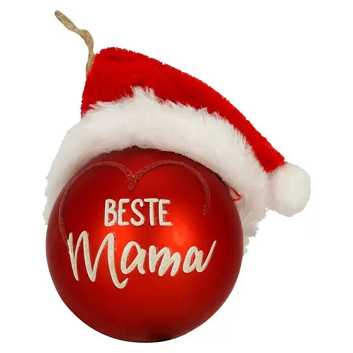 Weihnachtskugeln Mit Weihnachtsmütze - Rot, Glas, Durchmesser: 6 cm, 1 Stk. - Rote Weihnachtskugel mit Nikolausmütze und weißem Schriftzug 'BESTE Mama' sowie Glitzerherzen.