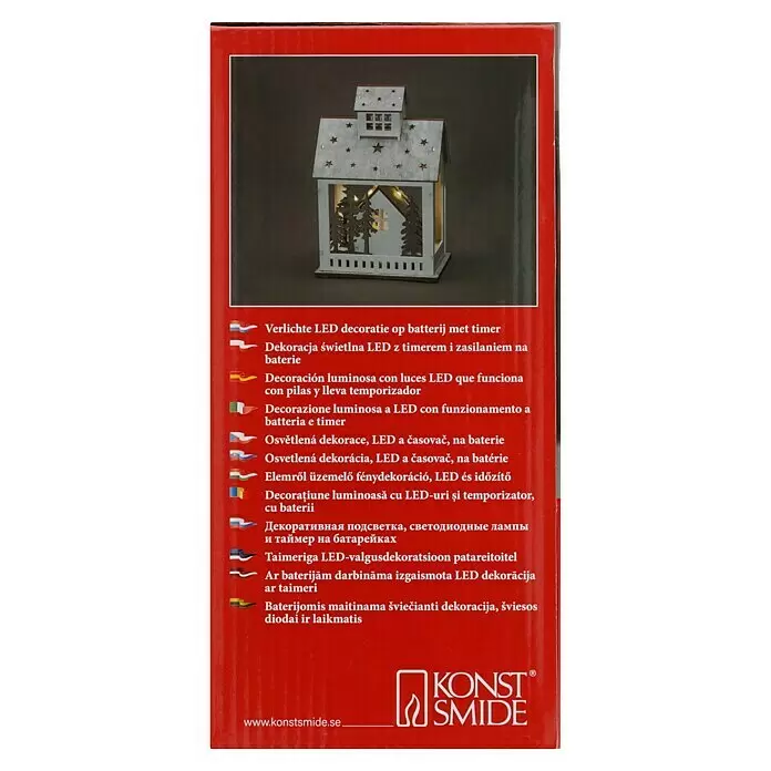 Konstsmide LED-Szenerie Haus mit Tannen - L x B x H: 15,7 x 11 x 23,5 cm, Weiß, Batteriebetrieben, LED - Weiße Holz-LED-Laterne in Hausform mit Stern- und Baumaussparungen, batteriebetrieben mit Timer.