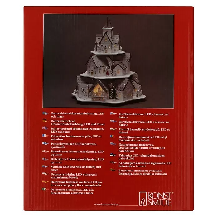 Konstsmide LED-Szenerie Häuser - L x B x H: 25,5 x 23 x 27,5 cm, Weiß, Batteriebetrieben, LED - Weiße, mehrstöckige LED-Weihnachtskirchen- und Dorfdekoration mit Timer, batteriebetrieben.