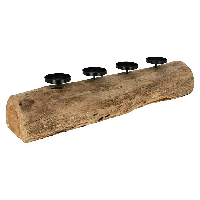Adventskranz Baumstamm - Braun, Holz - Rustikales Holzscheit mit vier schwarzen Metall-Kerzenhaltern.