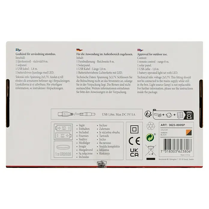 Konstsmide LED-Lichterkette - Außen, Lichtfarbe: Bernstein, Anzahl Leuchtmittel: 200 Stk., Solarbetrieben - Produktverpackungsdetails: Solarpanel, USB-Kabel, LED-Lichterkette, Fernbedienung, technische Daten und Sicherheitshinweise.